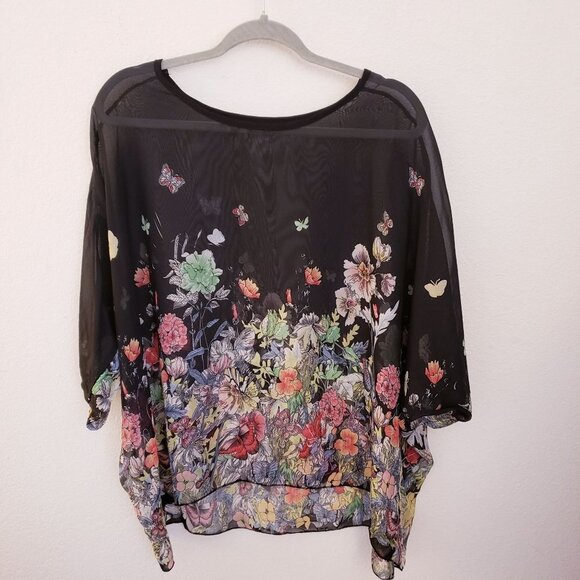 Sheer Black Pullover Top with Floral Design Plus Size O/S EUC - Picture 1 of 7